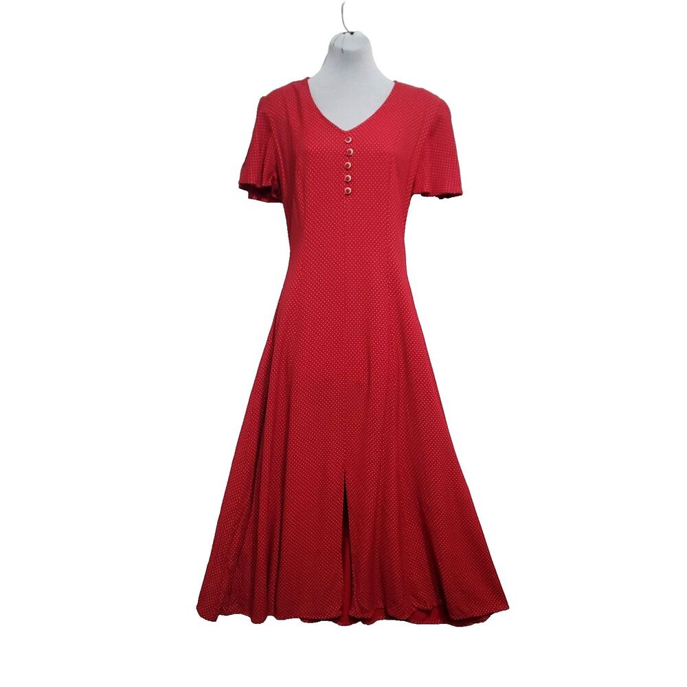 Polka Dot fit & flare Midi Dress Vintage Studio 6 red romantic cottage modest‎